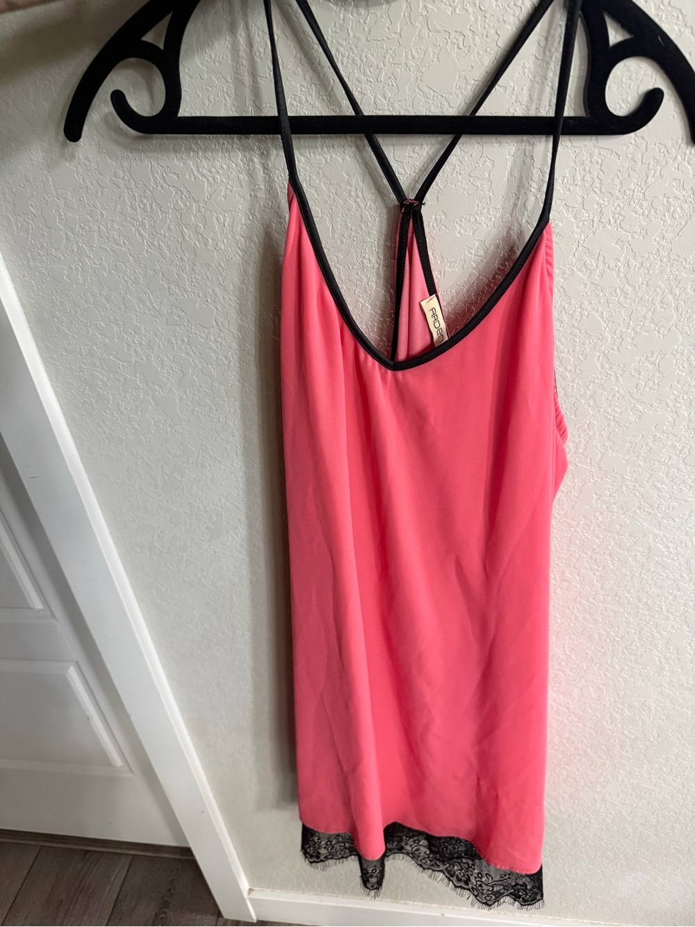Women's Pink Slip Dress with Black Leather Trim Straps and Lace Bottom Detail